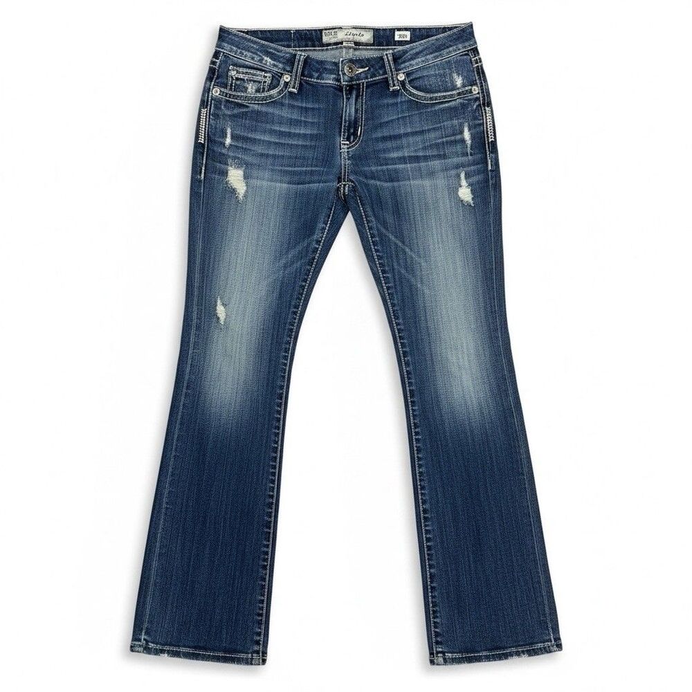 BKE Starlite Buckle Denim Blue Jeans Womens Size 28R Distressed  Bootcut